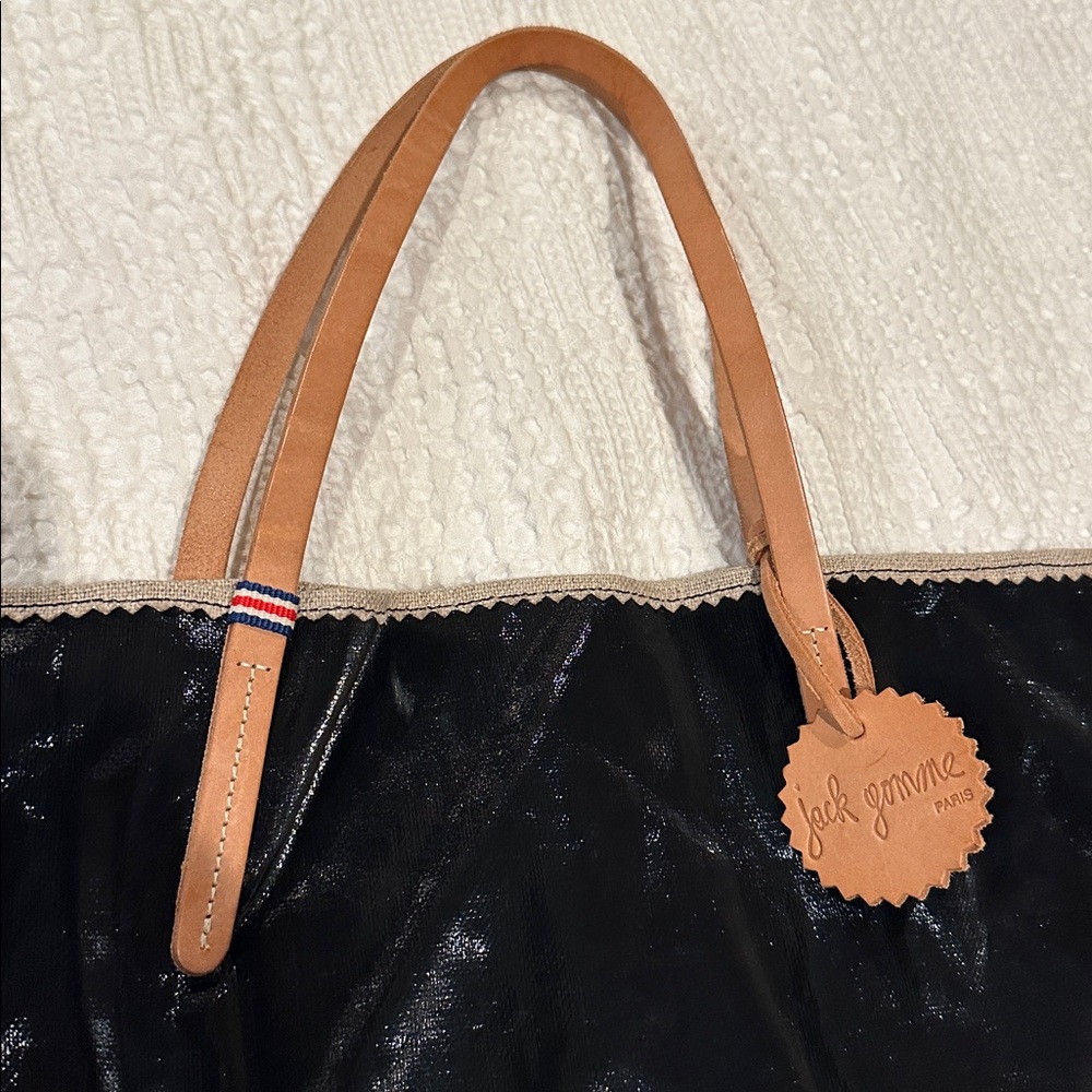 JACK GOMME Paris Amie Linen Tote Bag Black with honey trim NWOT - Picture 3 of 11